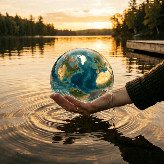 A hand with a bracelet touching rippling water of a lake at sunset