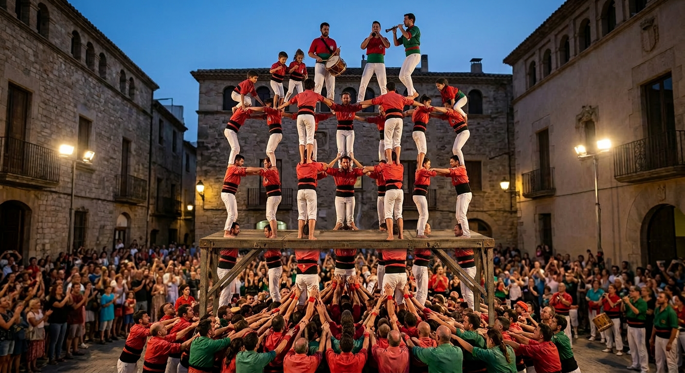 People forming a tall multi-tiered human tower in a plaza with a crowd watching