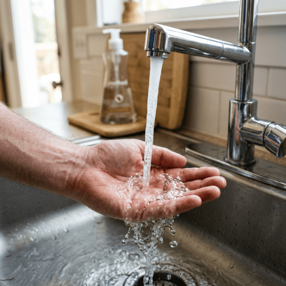 Hand under running water from kitchen faucet over stainless steel sink
