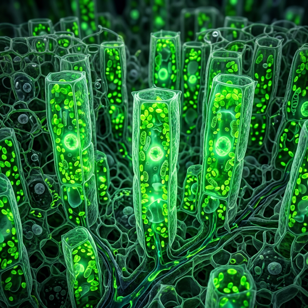 Close-up view of elongated plant cells with numerous green chloroplasts and internal organelles