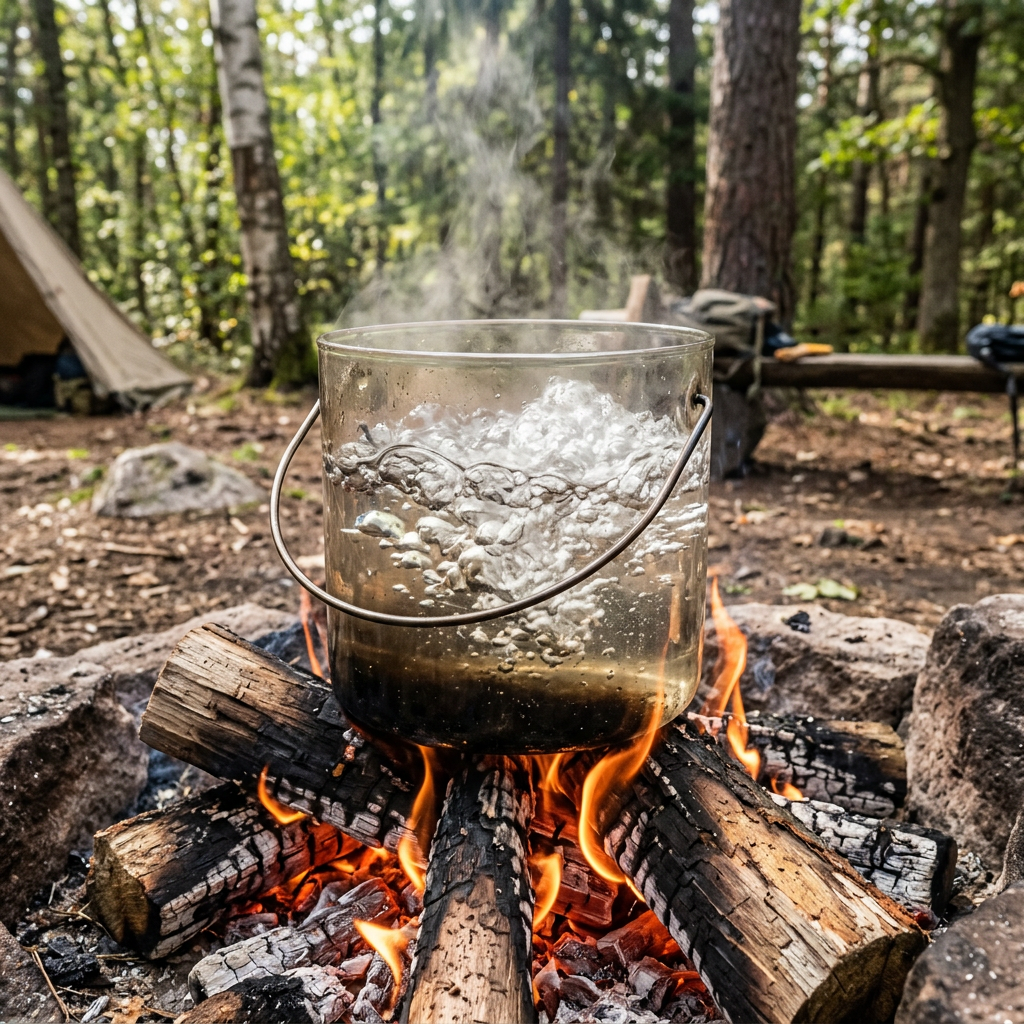 Metal pot with boiling water on a campfire surrounded by forest