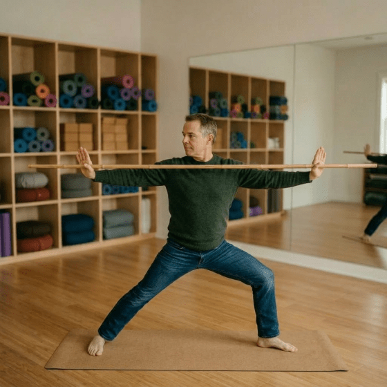 Woman holding a wooden stick horizontally with both hands in a living room