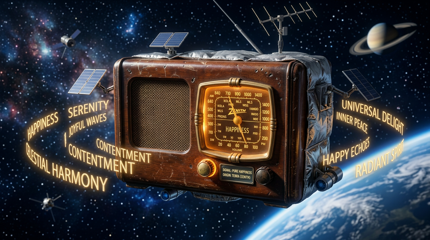 Vintage wooden radio floating in space with glowing positive words