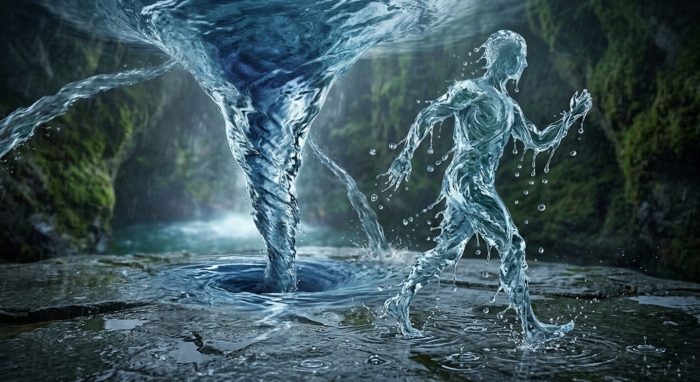 Humanoid water figure walking on wet rocky ground near a water vortex