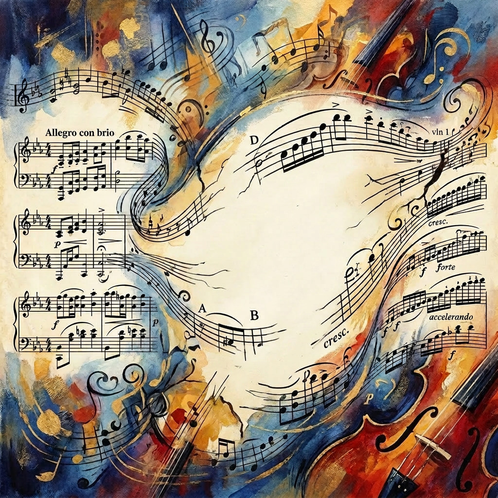 Sheet music notation with violin parts overlaid on colorful abstract violin painting