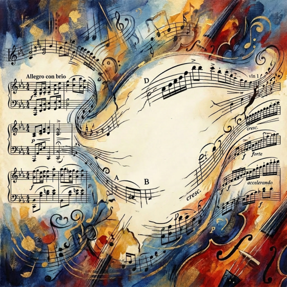 Sheet music notation with violin parts overlaid on colorful abstract violin painting