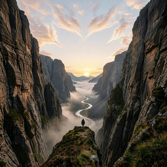Person standing on a hilltop overlooking a mist-filled valley surrounded by mountains at sunrise.