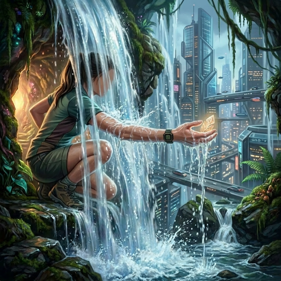 Elf crouching under a waterfall reaching out to collect water in a lush forest