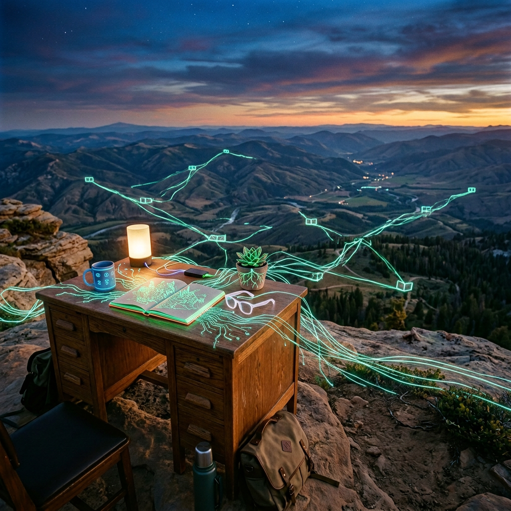 Wooden desk with lamp, notebook, mug, plant, and glasses on mountain cliff at dusk