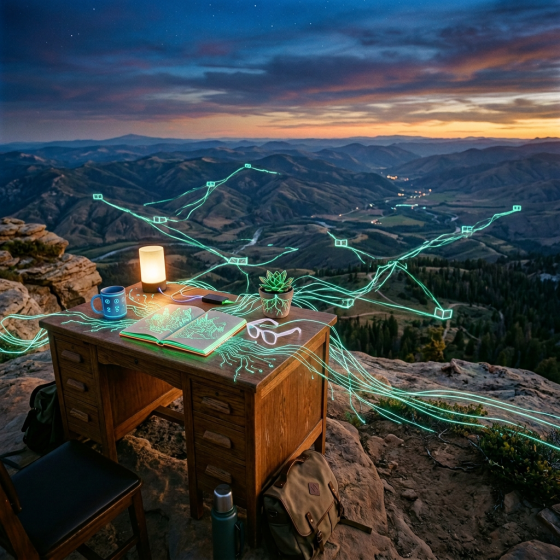 Wooden desk with lamp, notebook, mug, plant, and glasses on mountain cliff at dusk
