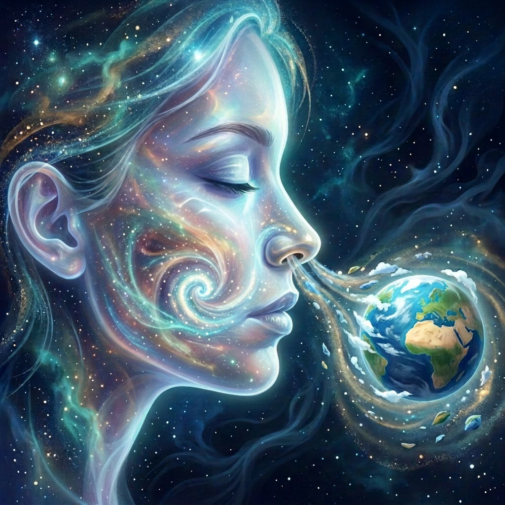 Profile of a glowing cosmic woman exhaling Earth surrounded by stars and nebulae