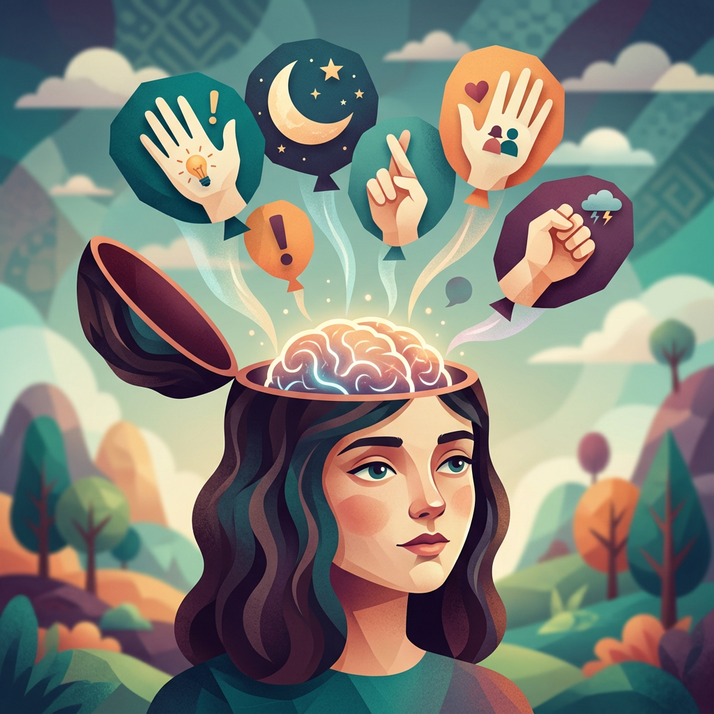 Woman with glowing brain and symbolic icons representing ideas, emotions, and thoughts