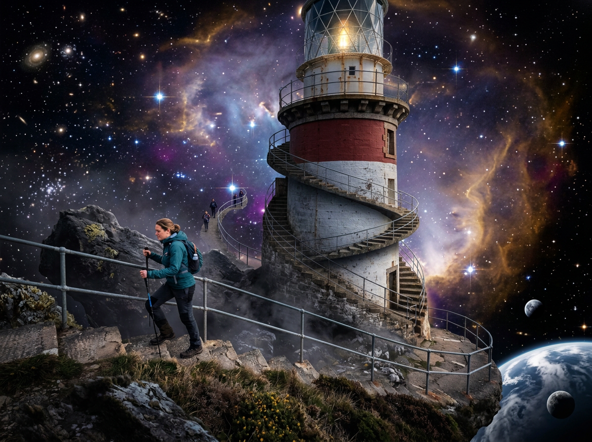 Lighthouse in space with spiral path bottom to top