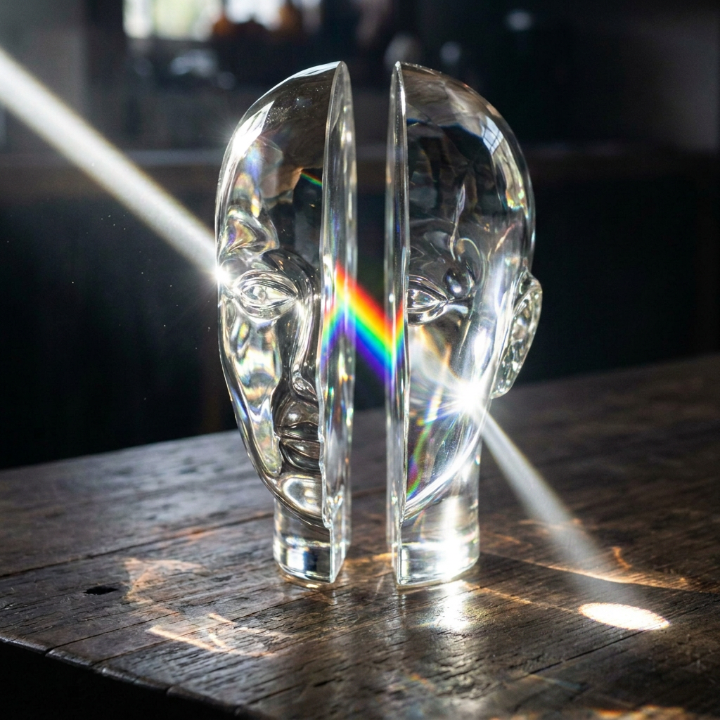 Glass head sculpture on a wooden table with sunlight creating a rainbow below
