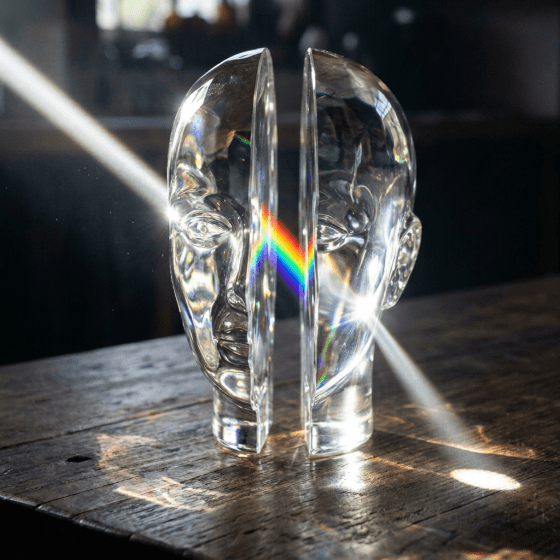 Glass head sculpture on a wooden table with sunlight creating a rainbow below
