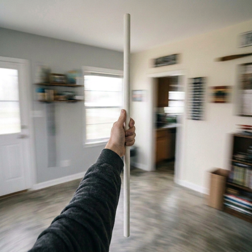 Person gripping a horizontal white bar indoors