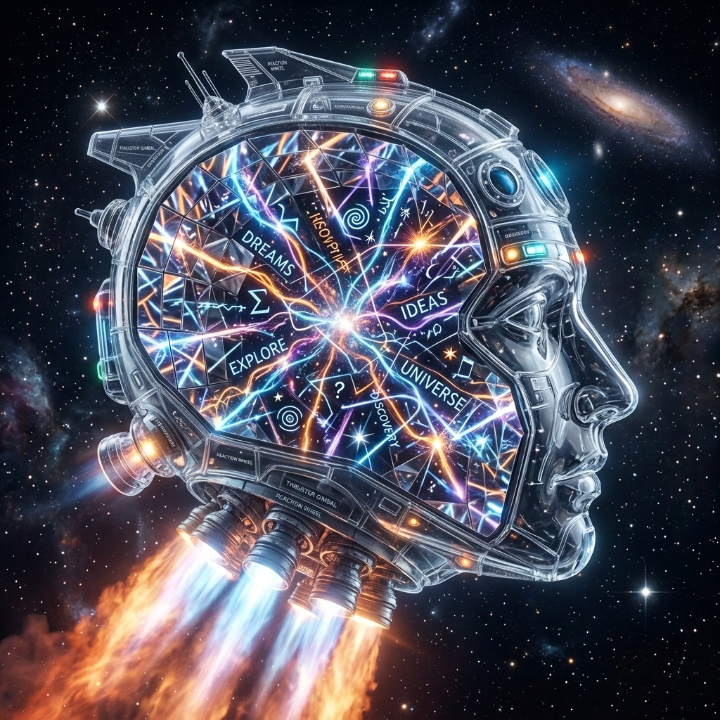 Futuristic astronaut helmet displaying DREAMS, IDEAS, EXPLORE, UNIVERSE, and DISCOVER