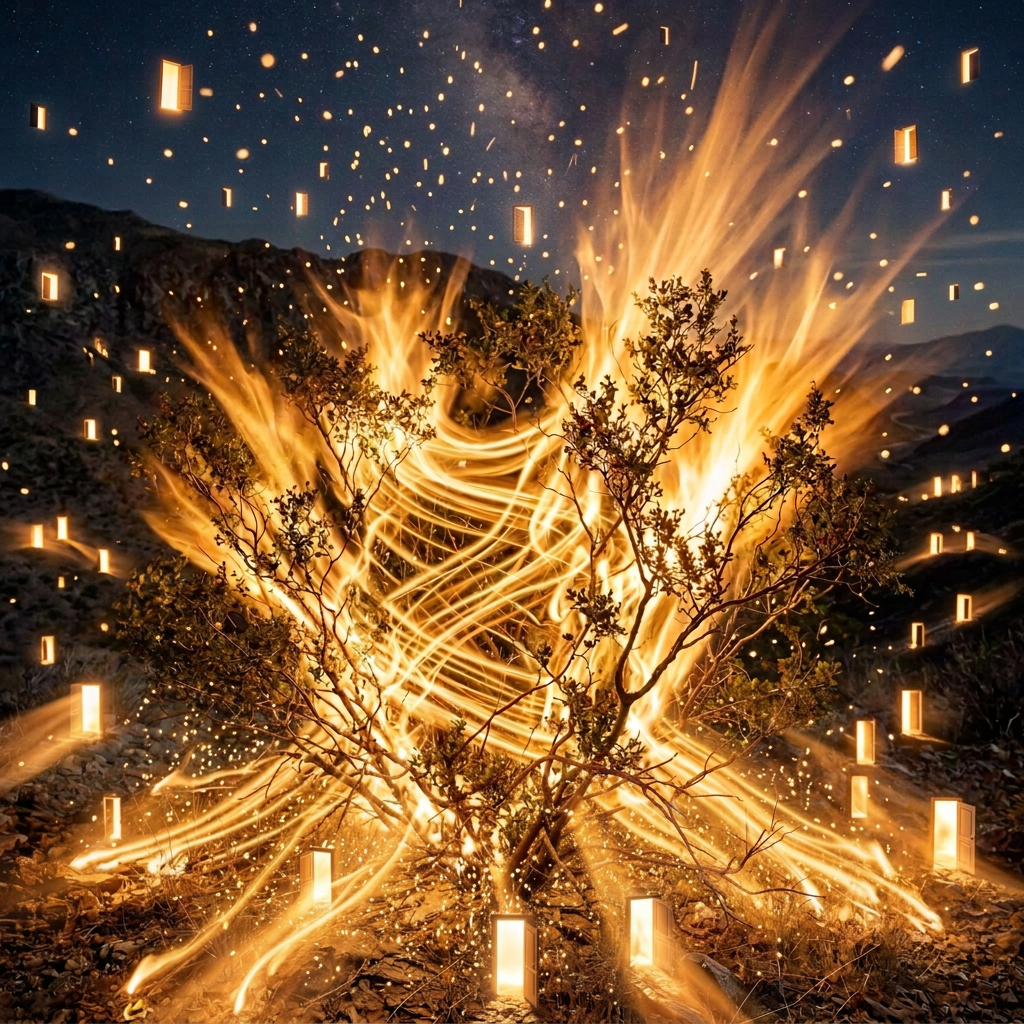 Fire burning through a shrub on a rocky mountain at night
