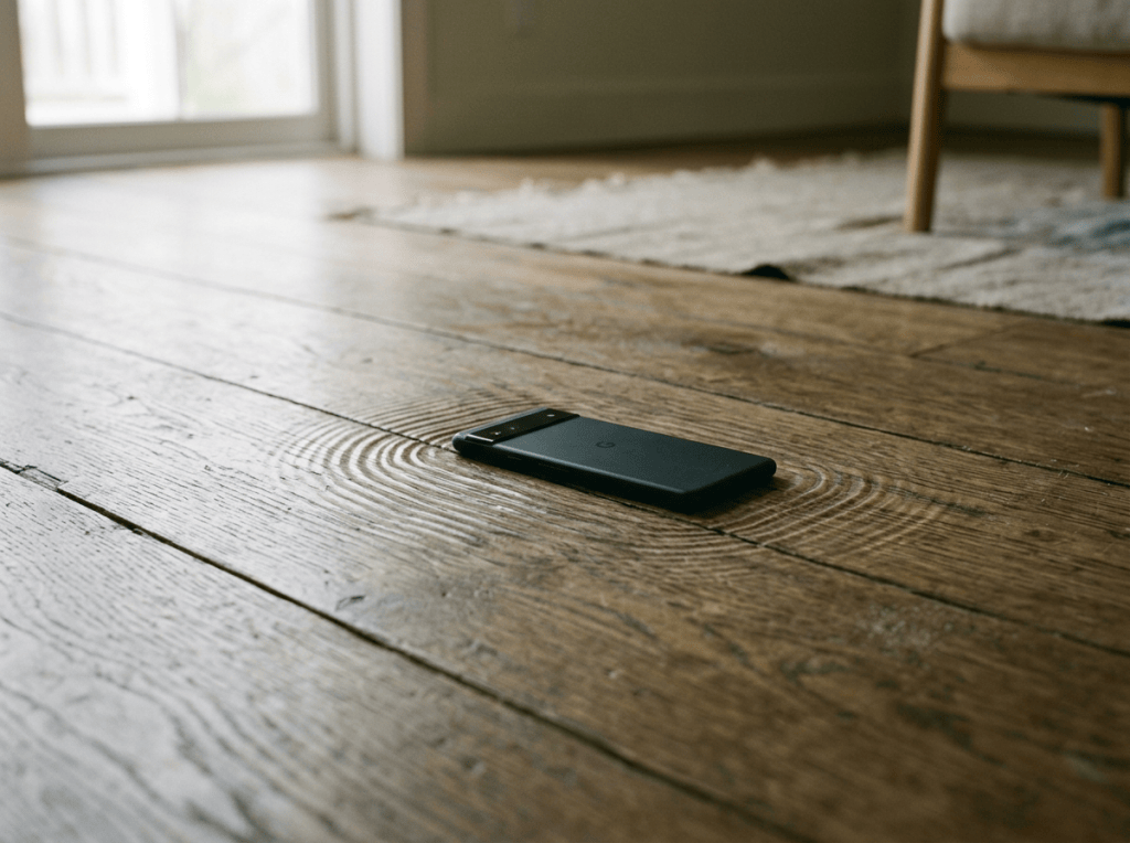 Smartphone vibrating on quiet floor in soft light