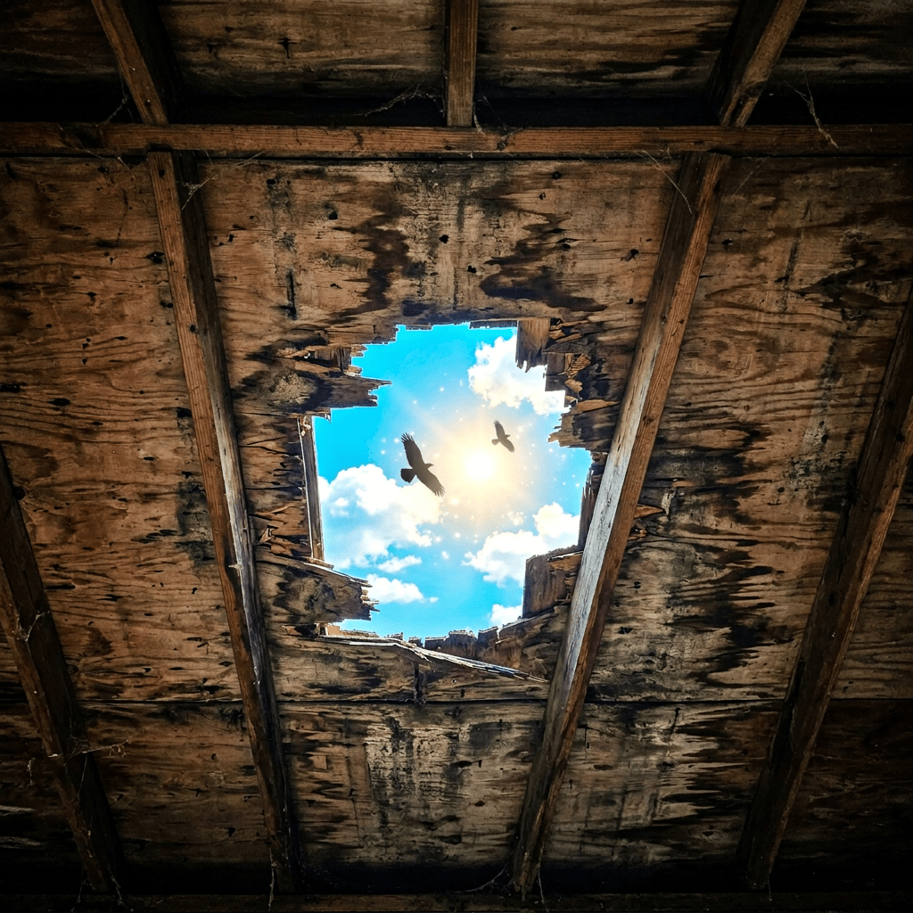 Bright blue sky and sun visible through a hole in a wooden roof