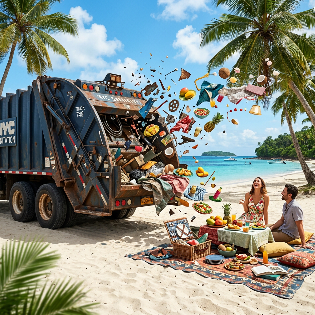 NYC Sanitation Truck 749 spilling trash toward a beach picnic