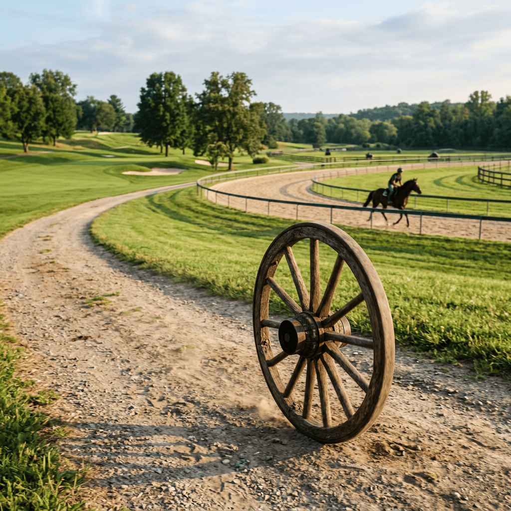Weathered wooden wagon wheel beside a horseback riding course