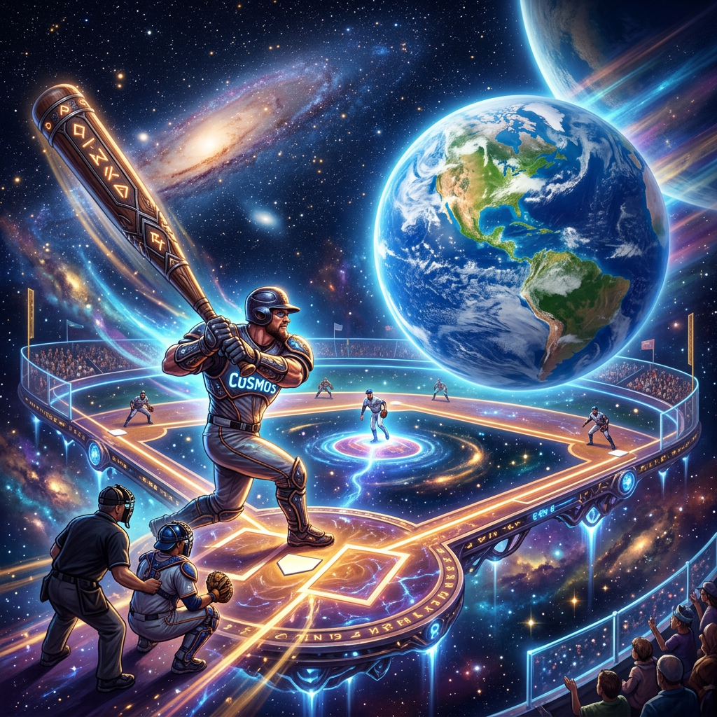 Baseball player labeled COSMOS batting in a space stadium above Earth