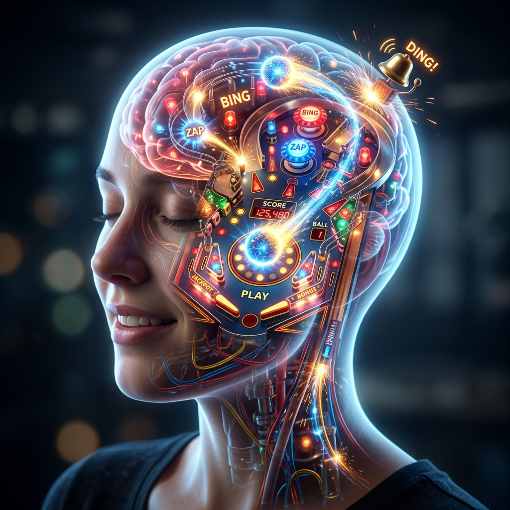 Smiling profile with illuminated brain pinball game labeled BING, ZAP, DING, PLAY, JACKPOT, BONUS, BALL, SCORE 125,480